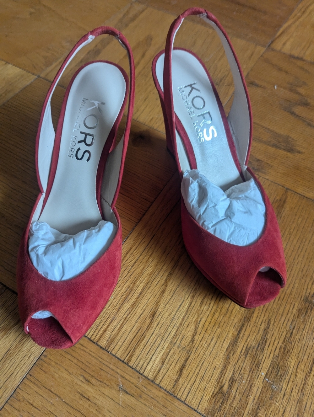 Michael Kors Vivian crimson brick red suede peep-toe slingback wedge heels 7.5